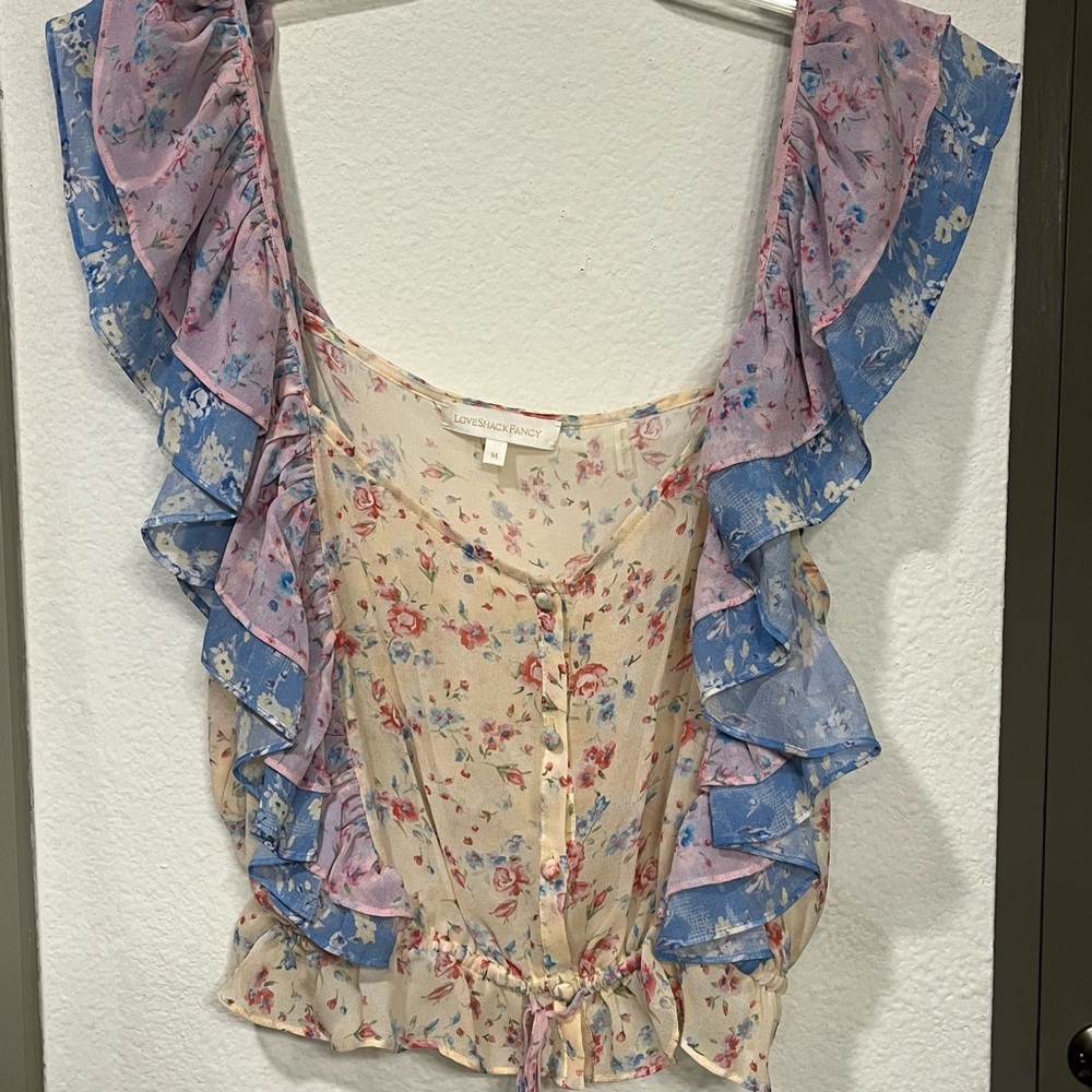LoveShackFancy Floral Blouse - Cream, Pink, and Blue